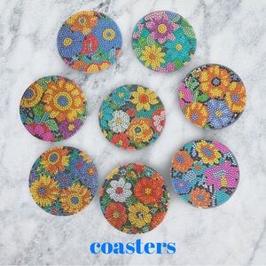 Hand Crafted Diamond Art Coaster Set of Vibrant Retro 70’s Flowers